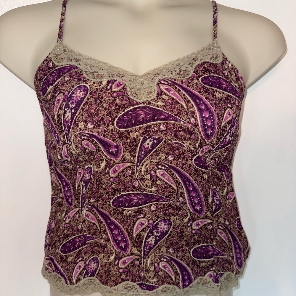 Vintage Babydoll Purple Paisley Fabric Rayon Lace Tank Top Size M #1750
